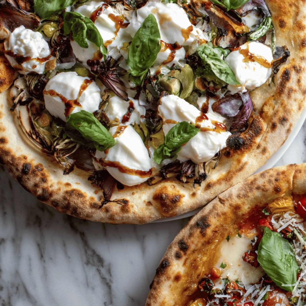 Pizza burrata et légumes grillés, vue de près