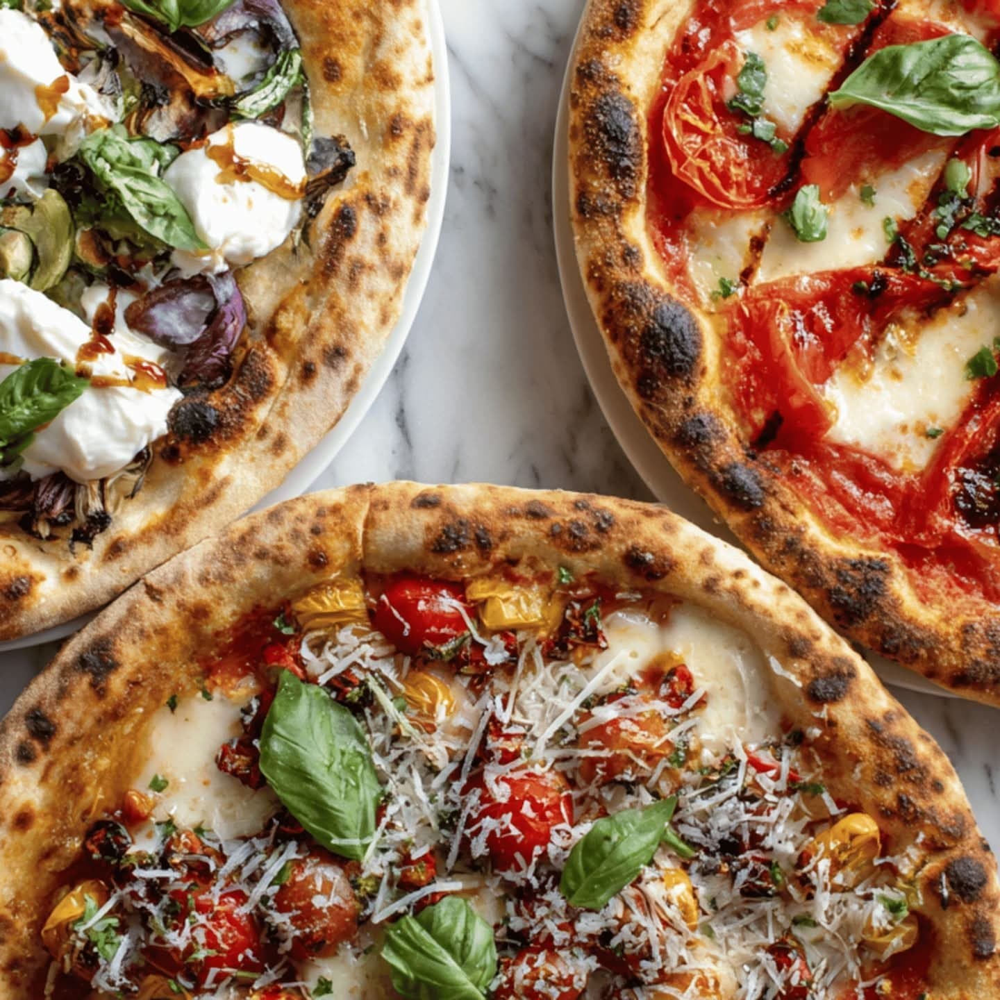 Trois pizzas Primavera sur un marbre blanc